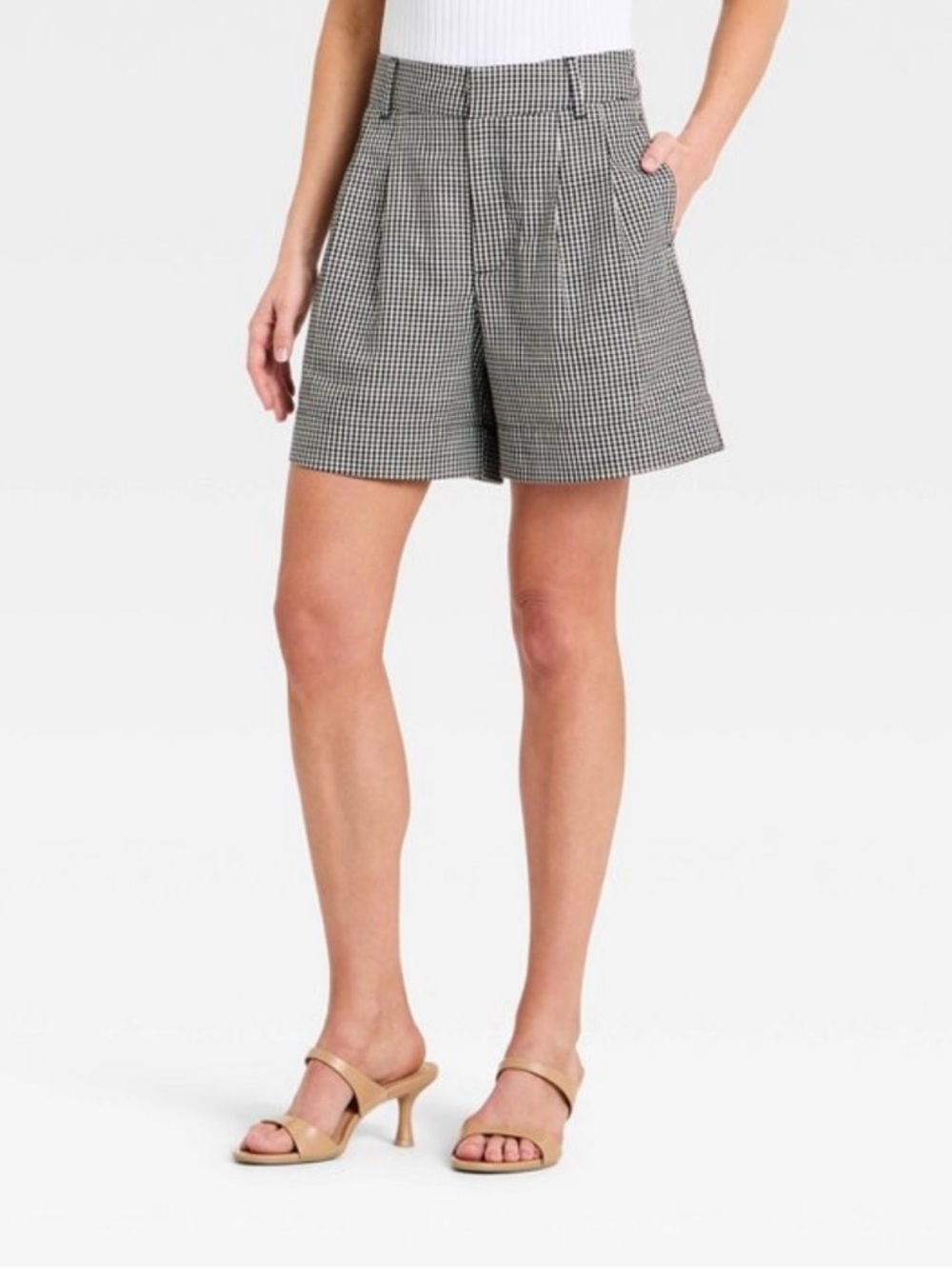 A New Day Linen Pleated Shorts Black White Gingham Dressy Size 2 NWT